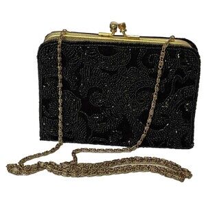 Vintage La Regale Black Beaded Evening Bag Handmade Kiss Lock Chain Purse